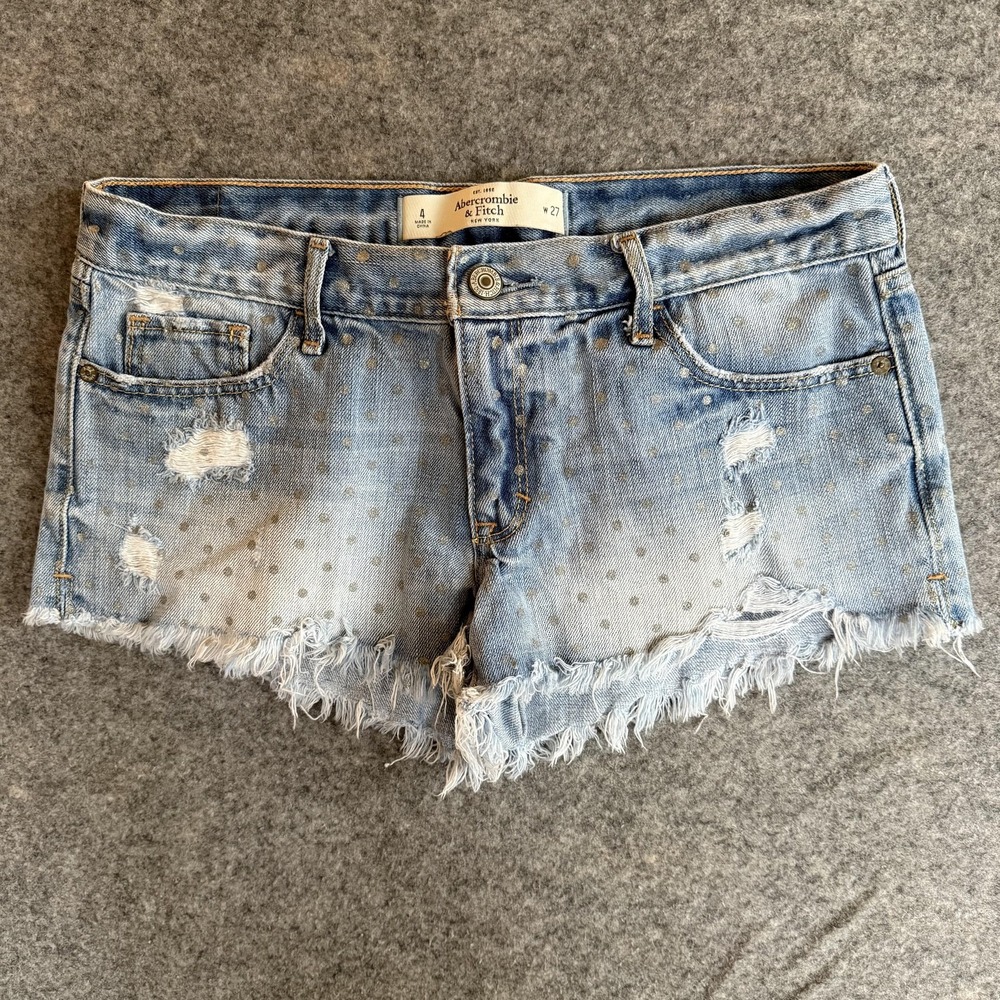 Abercrombie & Fitch Shorts Womens 4 W27 Blue Denim Distressed Polka Dot Fray Hem